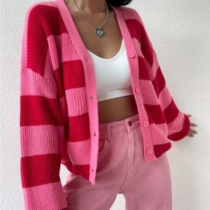 Red and pink striped cardigan. Never worn, new without tags